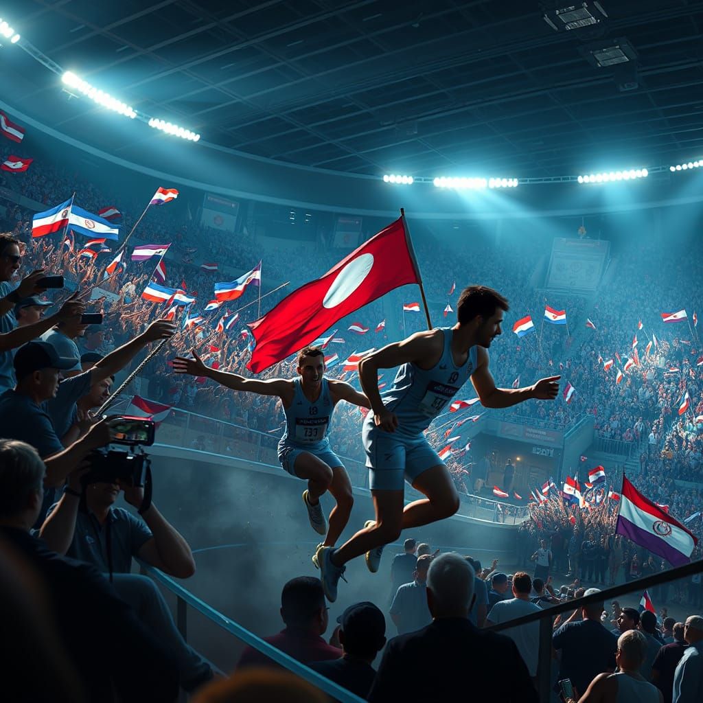 Athletes Compete in Stadium, Futuristic Gritty Realism