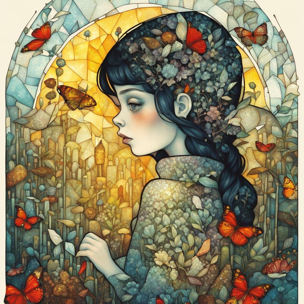 Cute Lady Portrait in Stained Glass Style