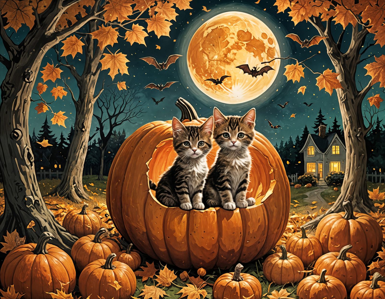 Kittens in Pumpkin Patch under Moonlit Sky