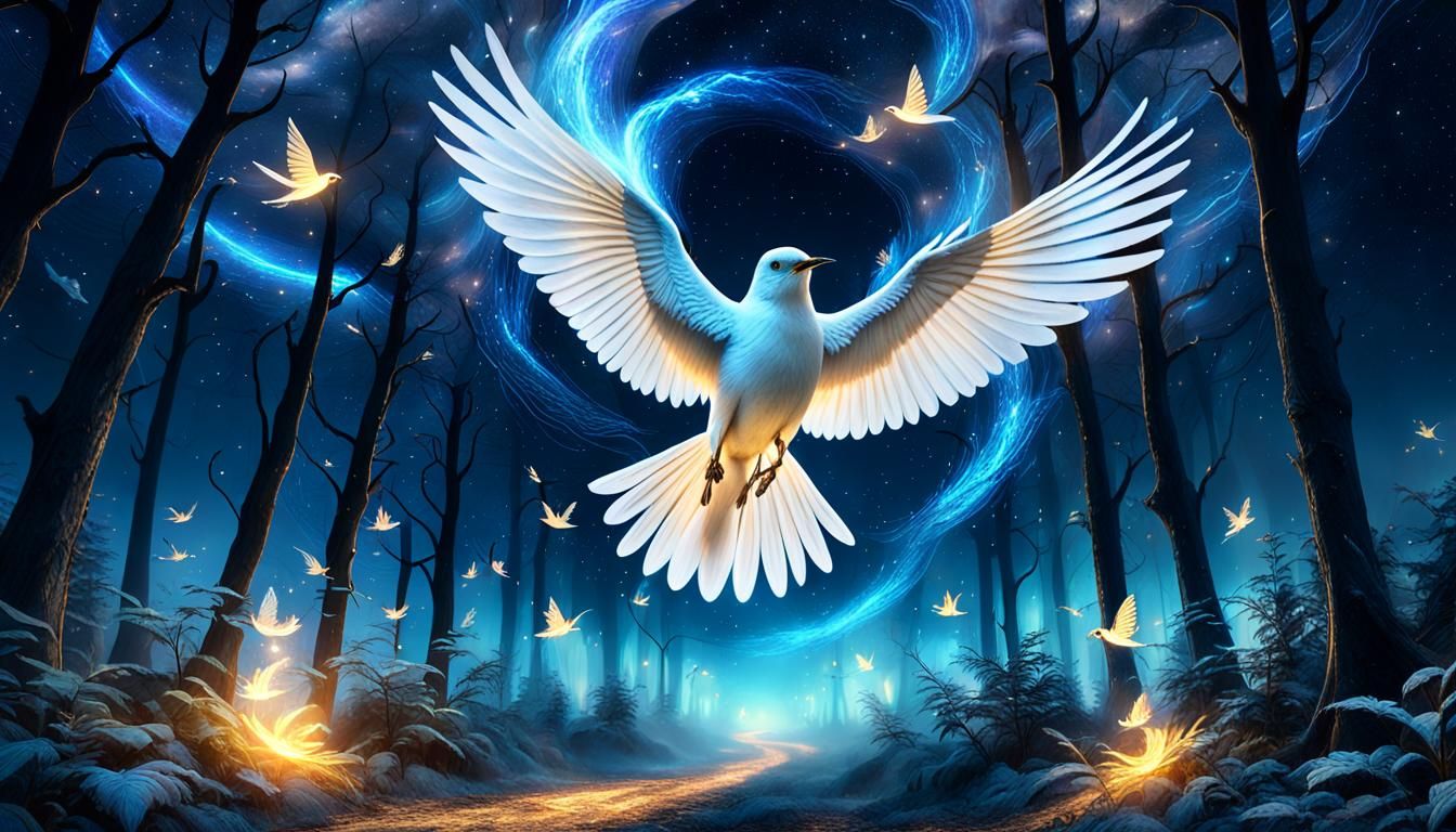 Ethereal Bird Flight Through Moonlit Forest