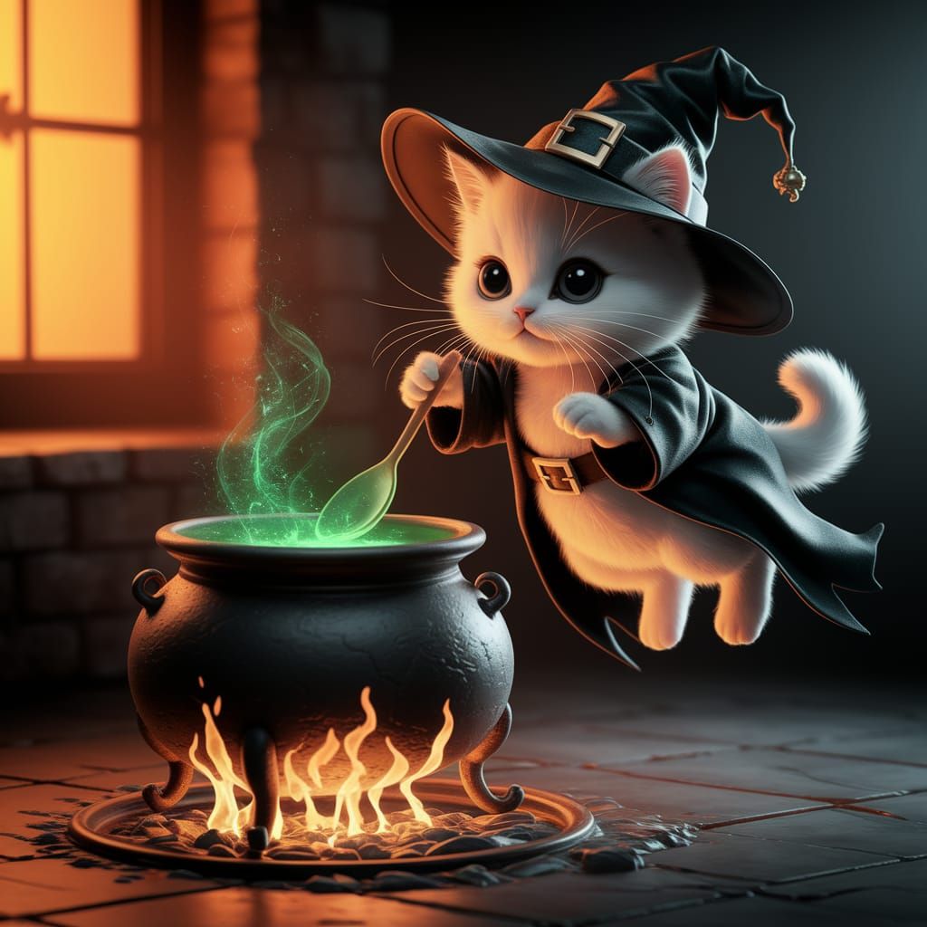 Whimsical Feline Wizard in Enchanted Atmosphere