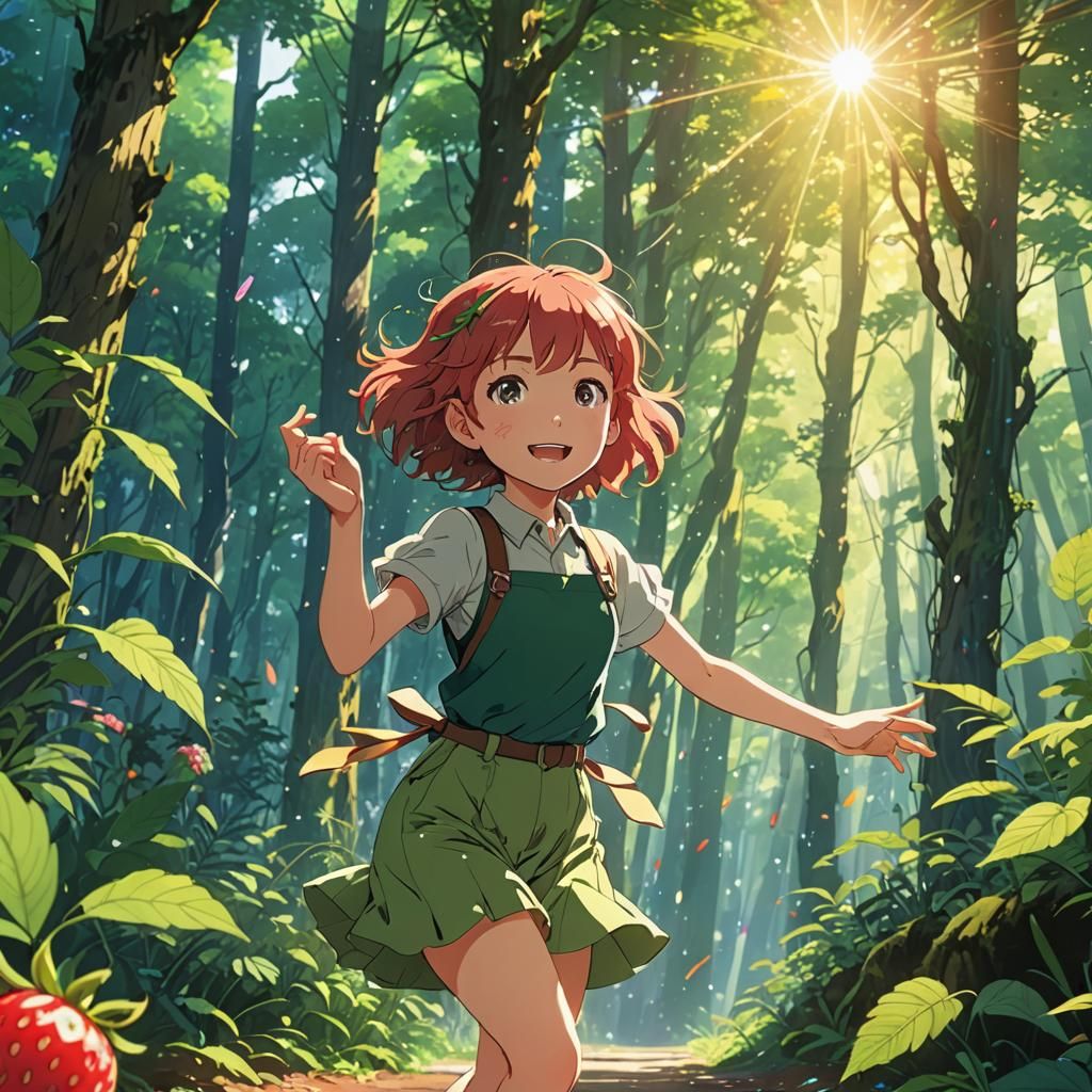 Strawberry-Haired Girl Dances in Sun-Dappled Forest: Anime S...