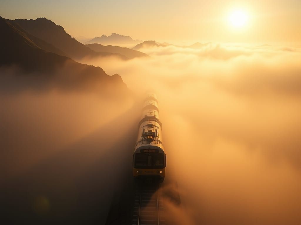 Speed Train Emerges from Foggy Landscape