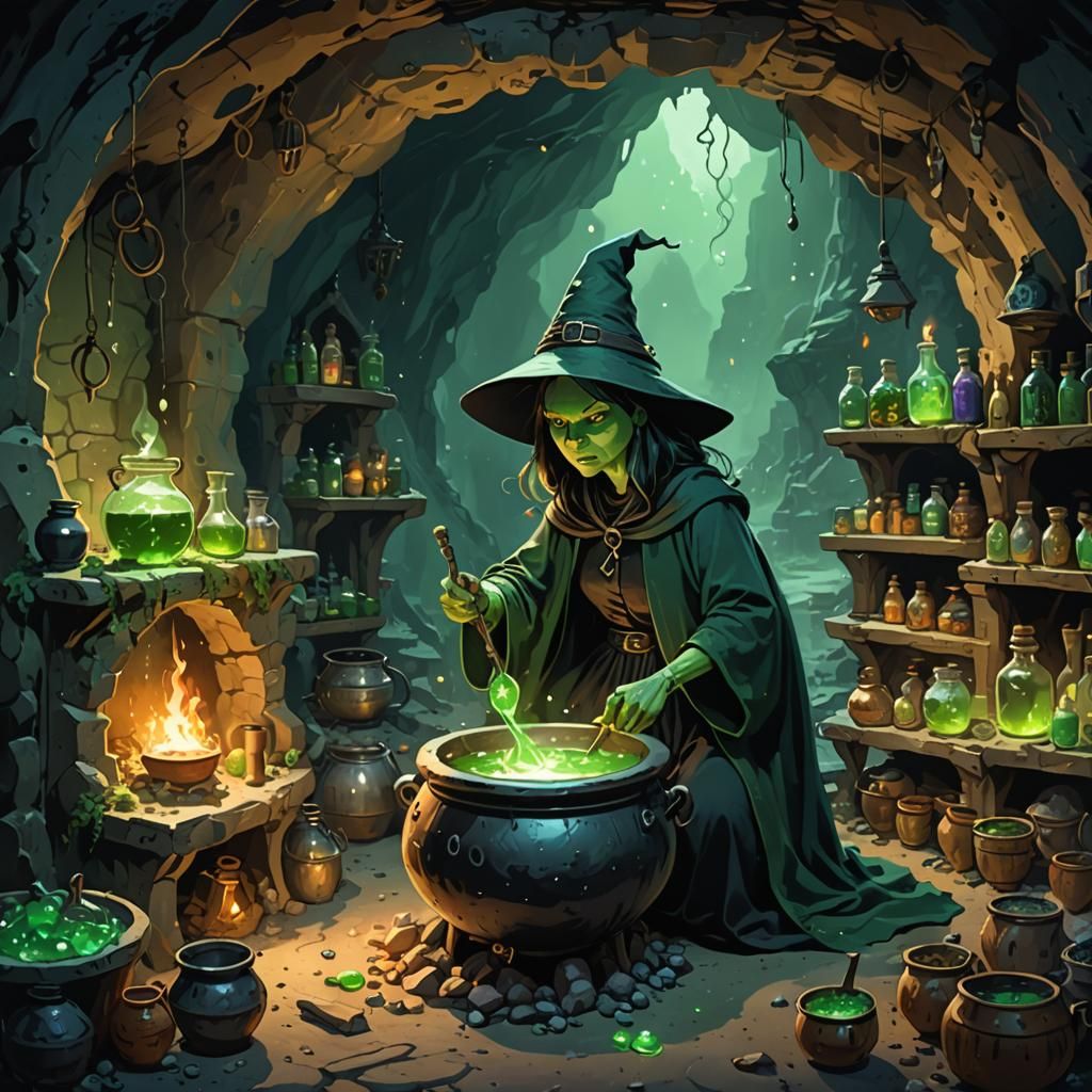 In a cave, a witch boils a greenish potion in a cauldron.  I...