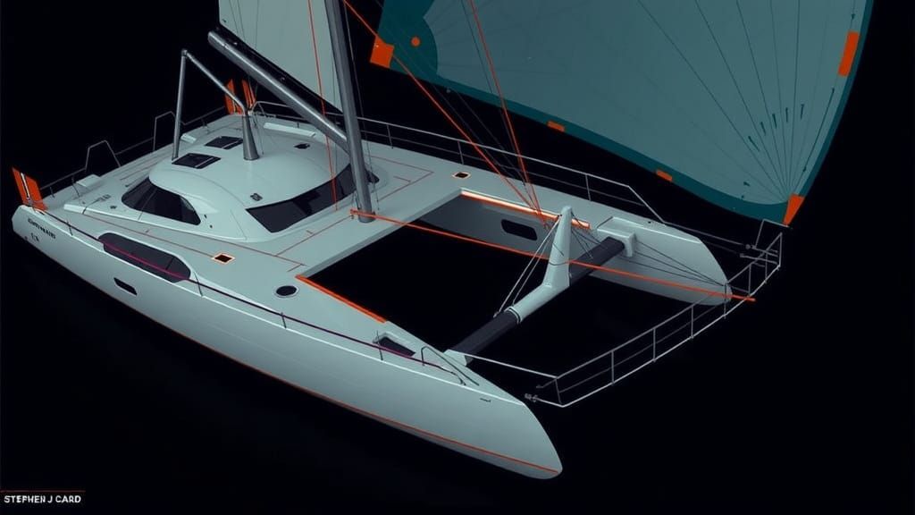 a technical drawing of a french sailing catamaran, ocean racer with a crew of four