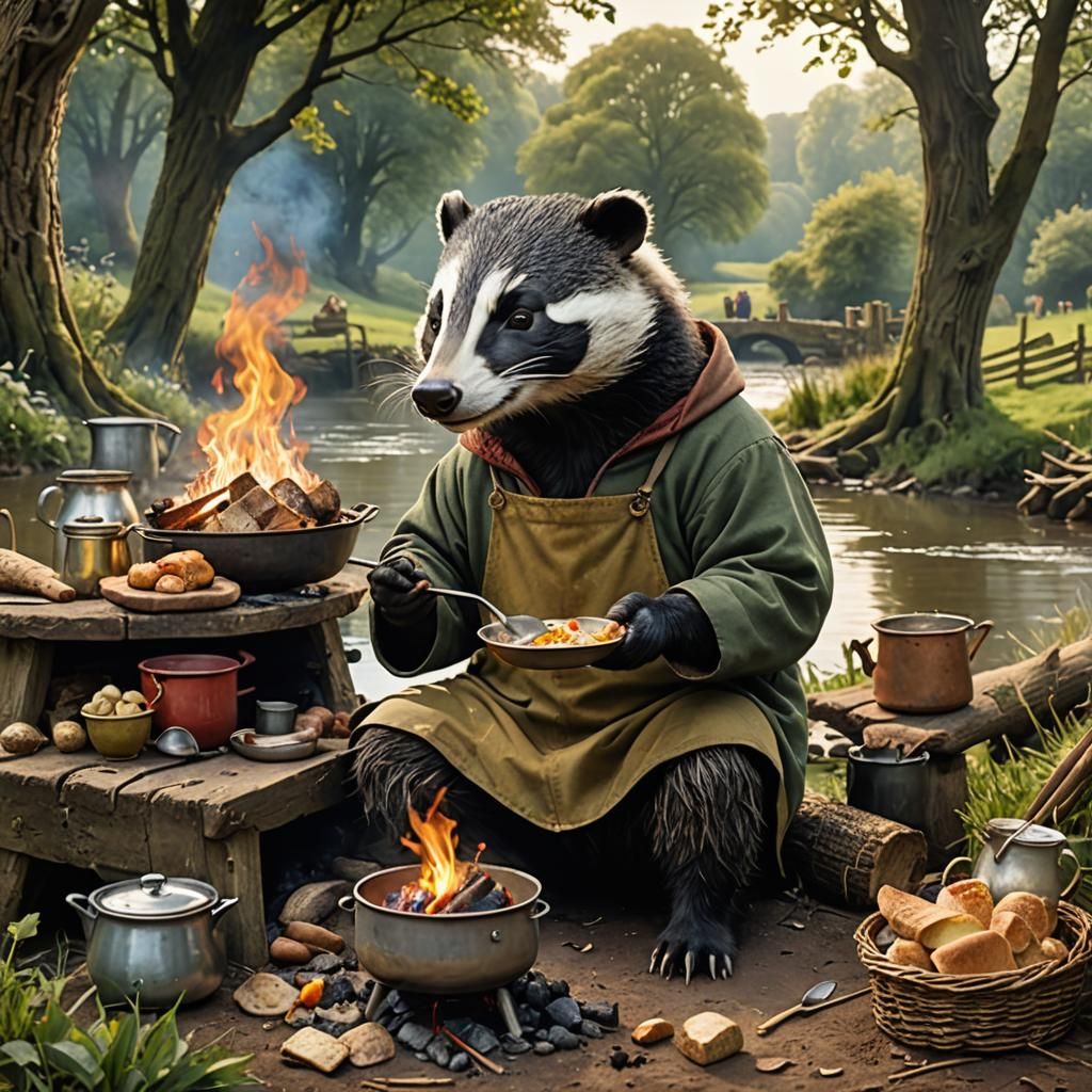 Badger Cooks Breakfast by the Riverbank