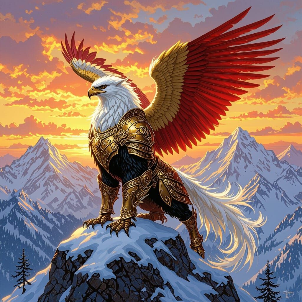 Armored Griffin Overlooking Wilderness at Sunset