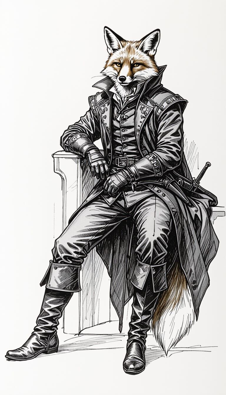 Anthropomorphic Fox in Medieval Attire: Charcoal Drawing