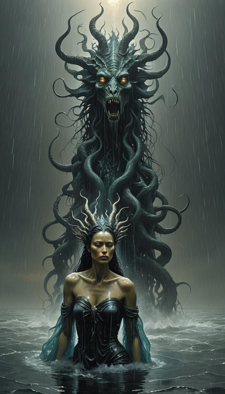 Regal Aquatic Monster in Dark Surrealism Style