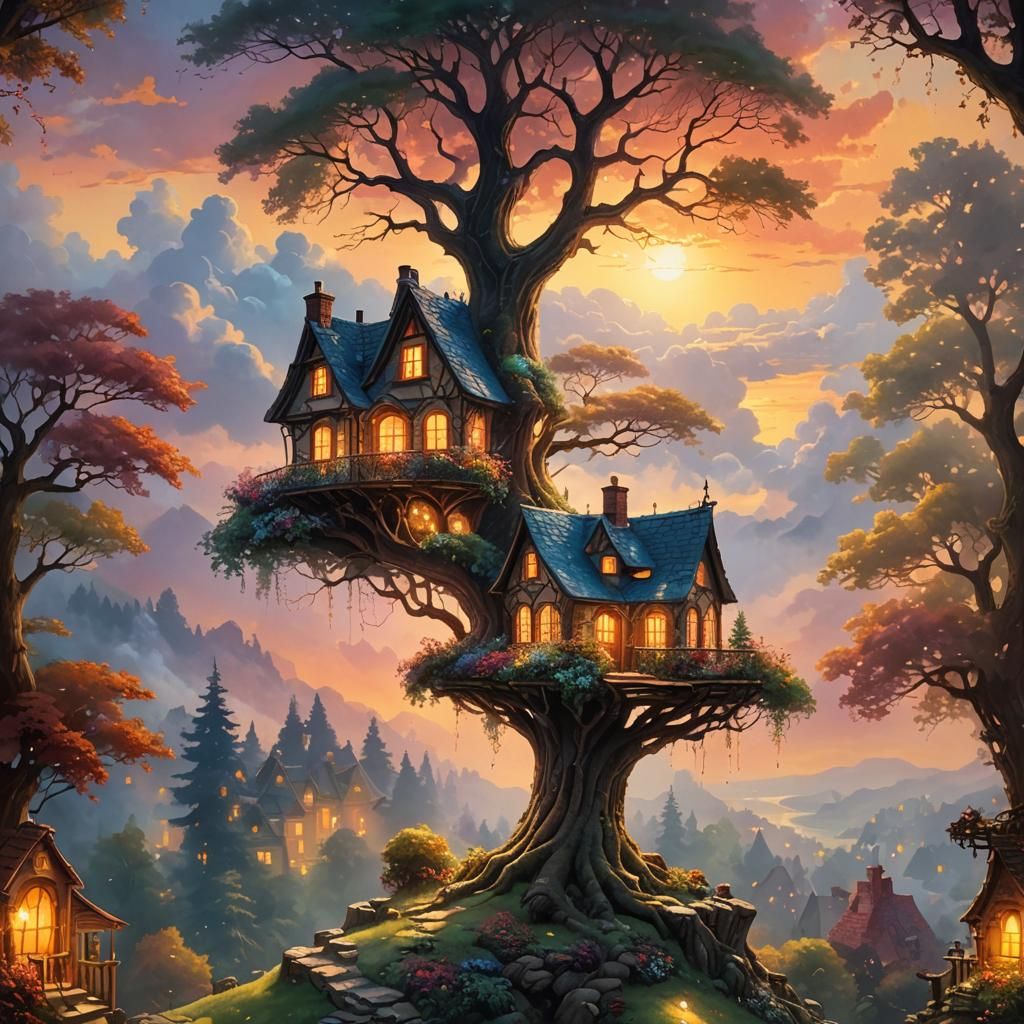 Ethereal Glass House at Sunset in Kinkade Style