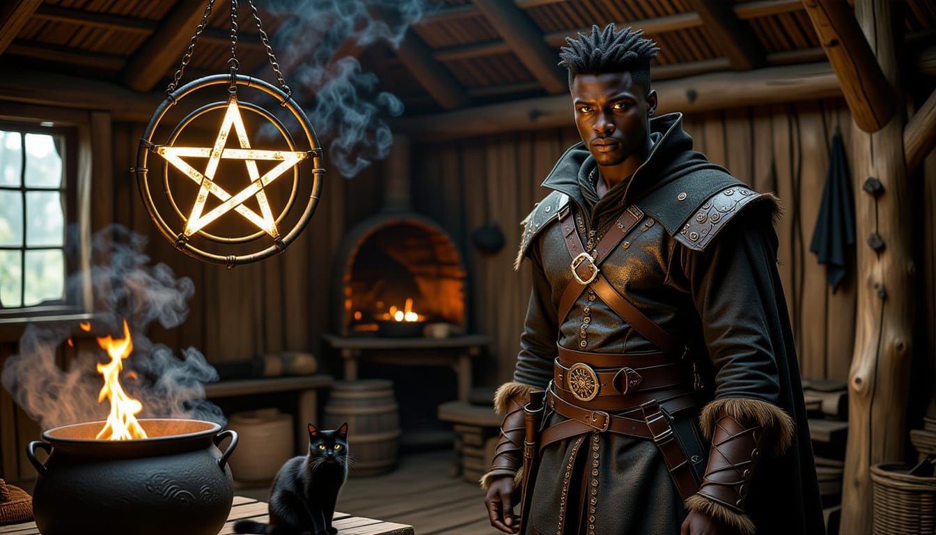 African-American Warlock in Rustic 18th-Century Lair