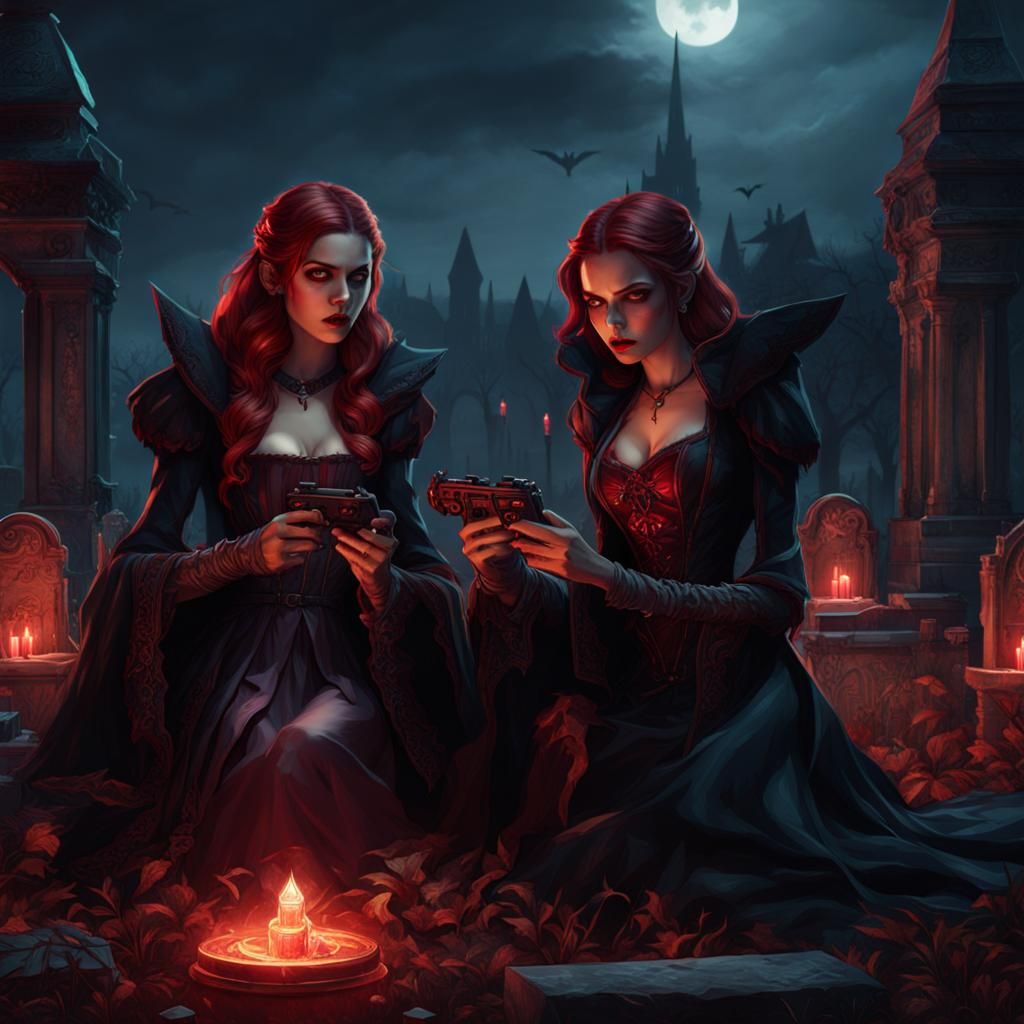 Vampire Girls Gaming in Graveyard: Fantasy Concept Art