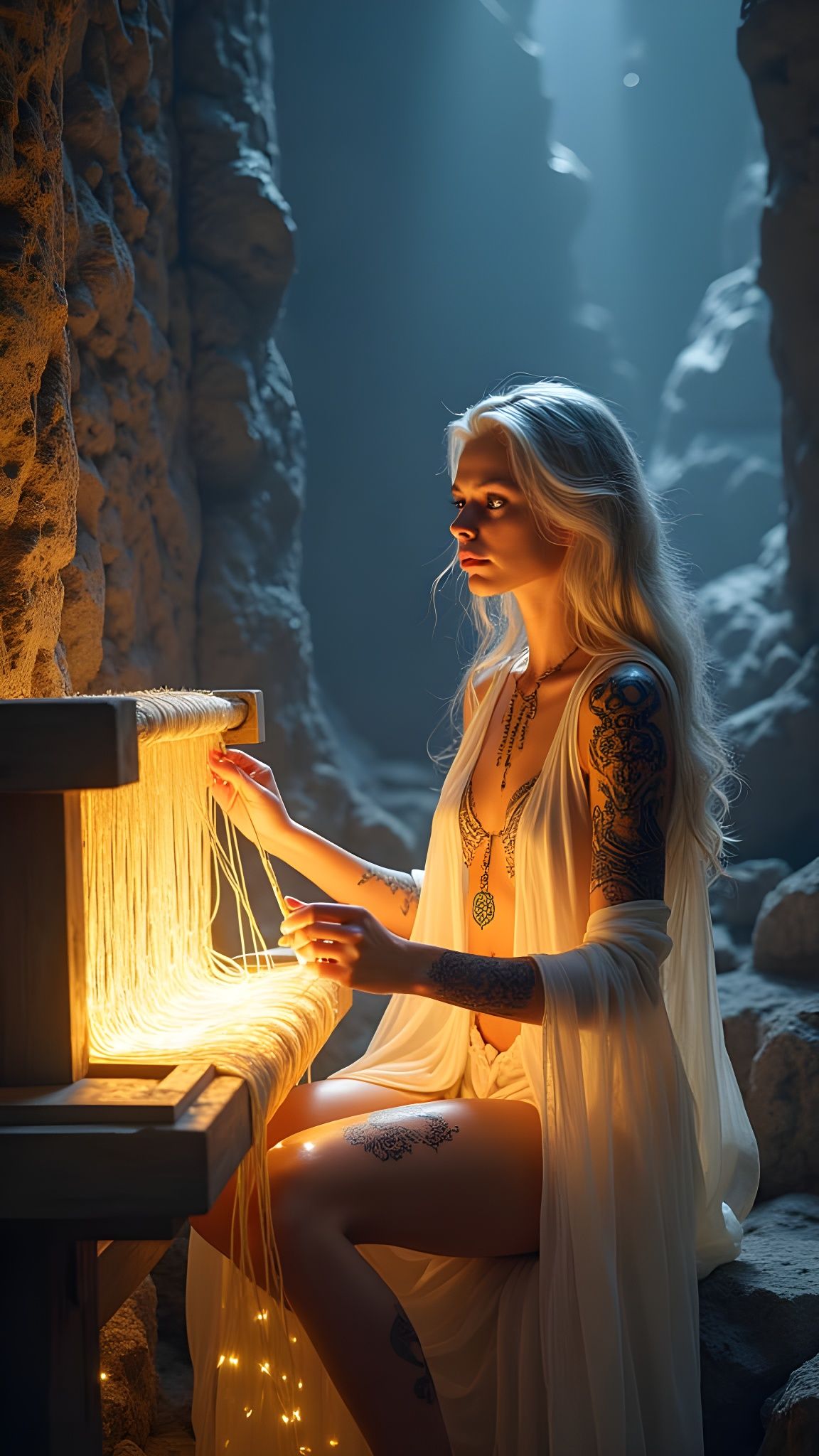 Mystical Weaver in Twilight Temple Carved into Mountain