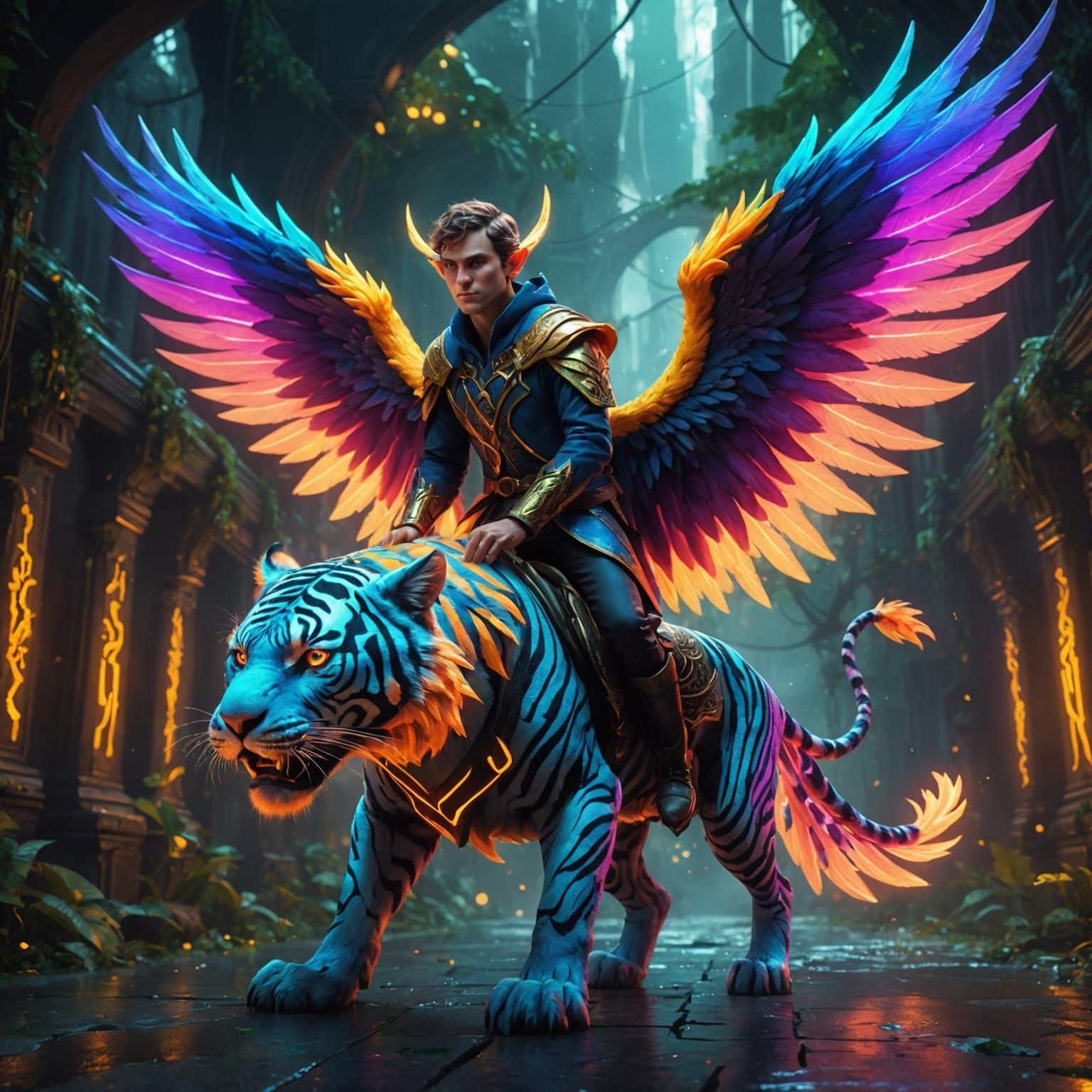 Elf Rides Winged Neon Tiger: Fantasy Concept Art