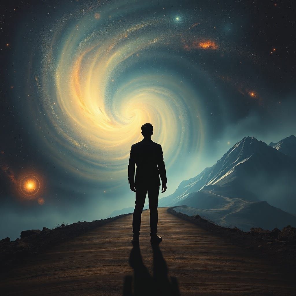 Figure Contemplates Crossroads Between Worlds