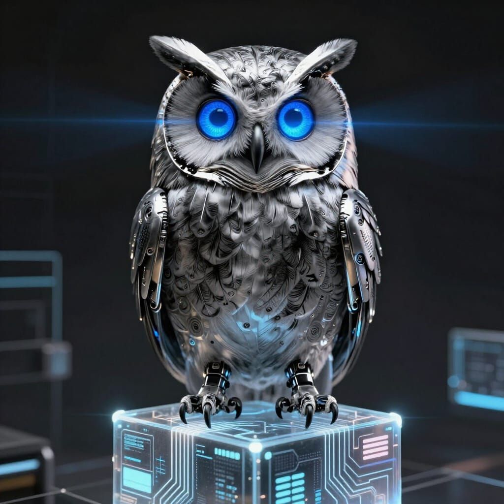 Robotic Owl on Digital Cube in Futuristic Space