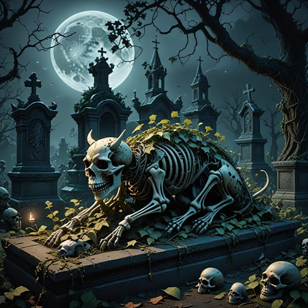 Skeleton Rider and Pig Emerge from Misty Graveyard