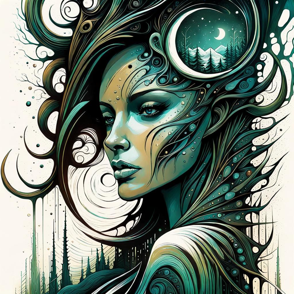Dreamscape Woman: Ink Illustration in a Whimsical Realm