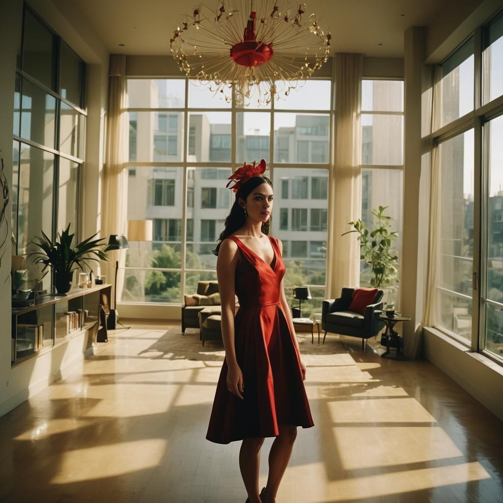 Elegant Woman in Red Dress: Cinematic Film Still