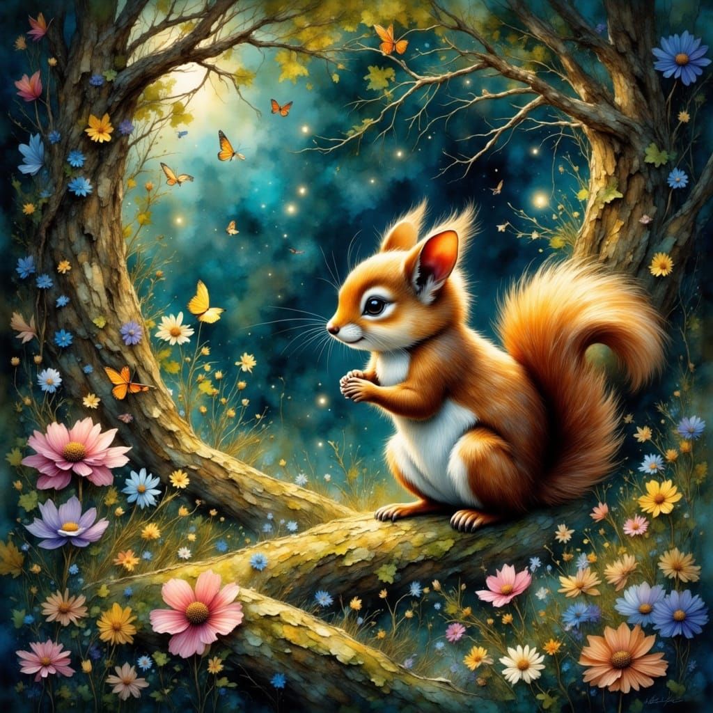 Whimsical Squirrel in Mystical Forest, Watercolor Style