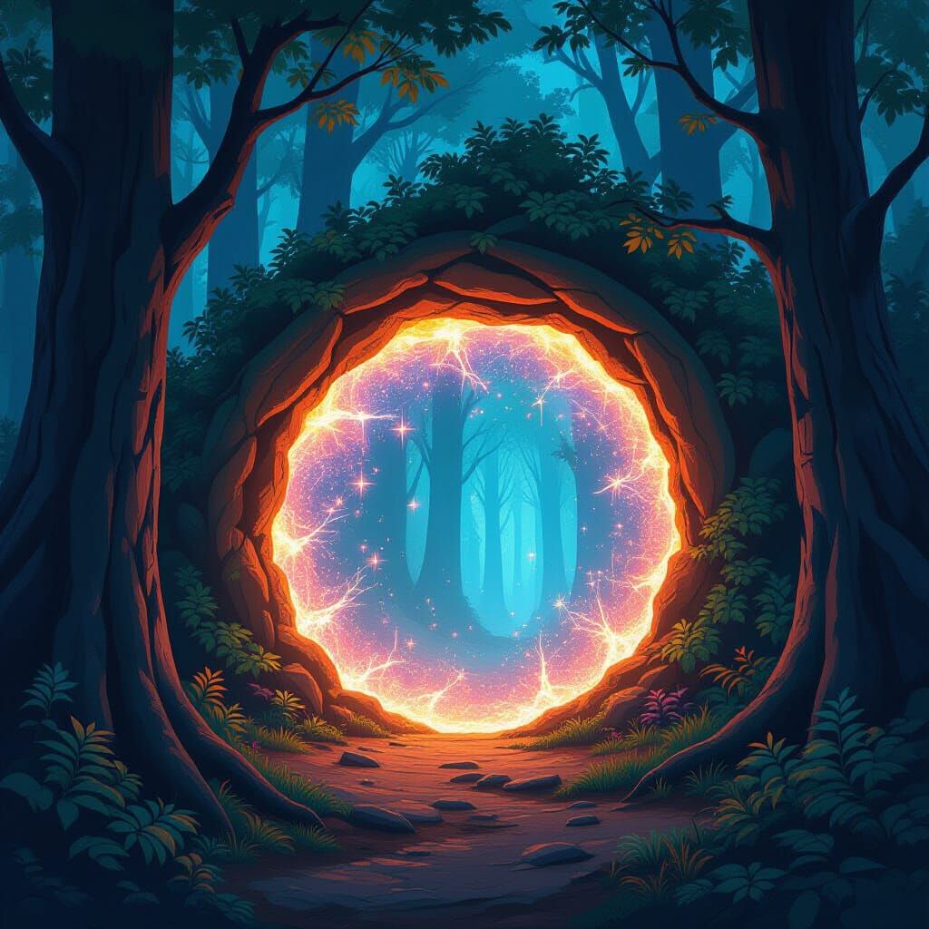 Ancient Forest Portal Shimmers with Celestial Light
