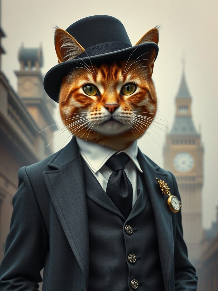 Dapper British Cat in Bowler Hat and Suit