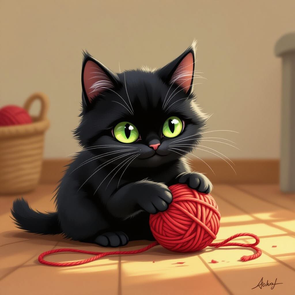 Mischievous Black Cat Plays with Yarn in Storybook Style