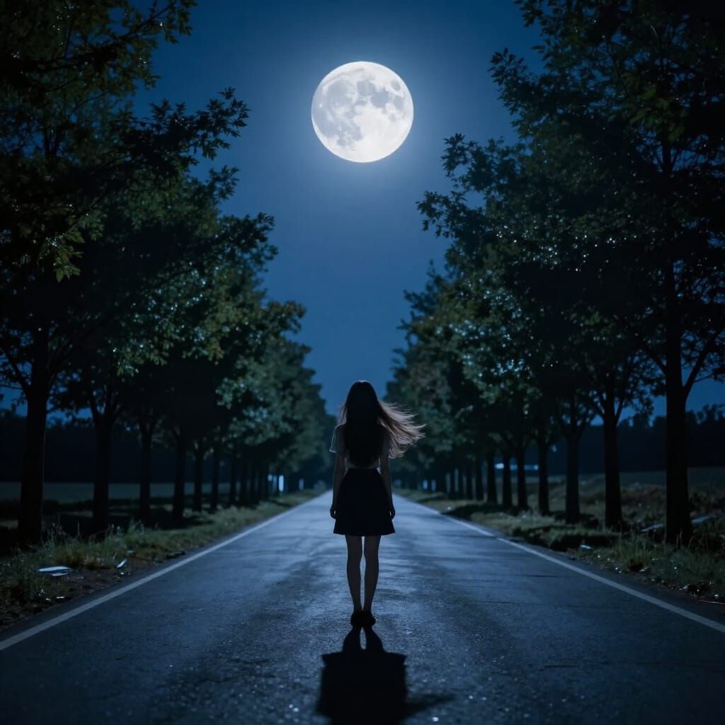 Girl on Moonlit Road Surrounded by Trees