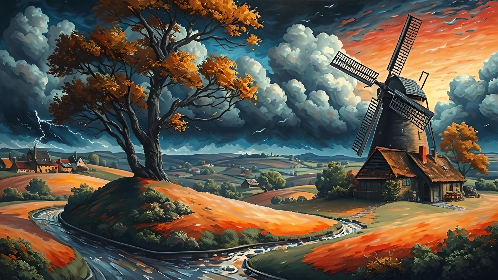Windmill Amidst Stormy Landscape in Chiaroscuro Style