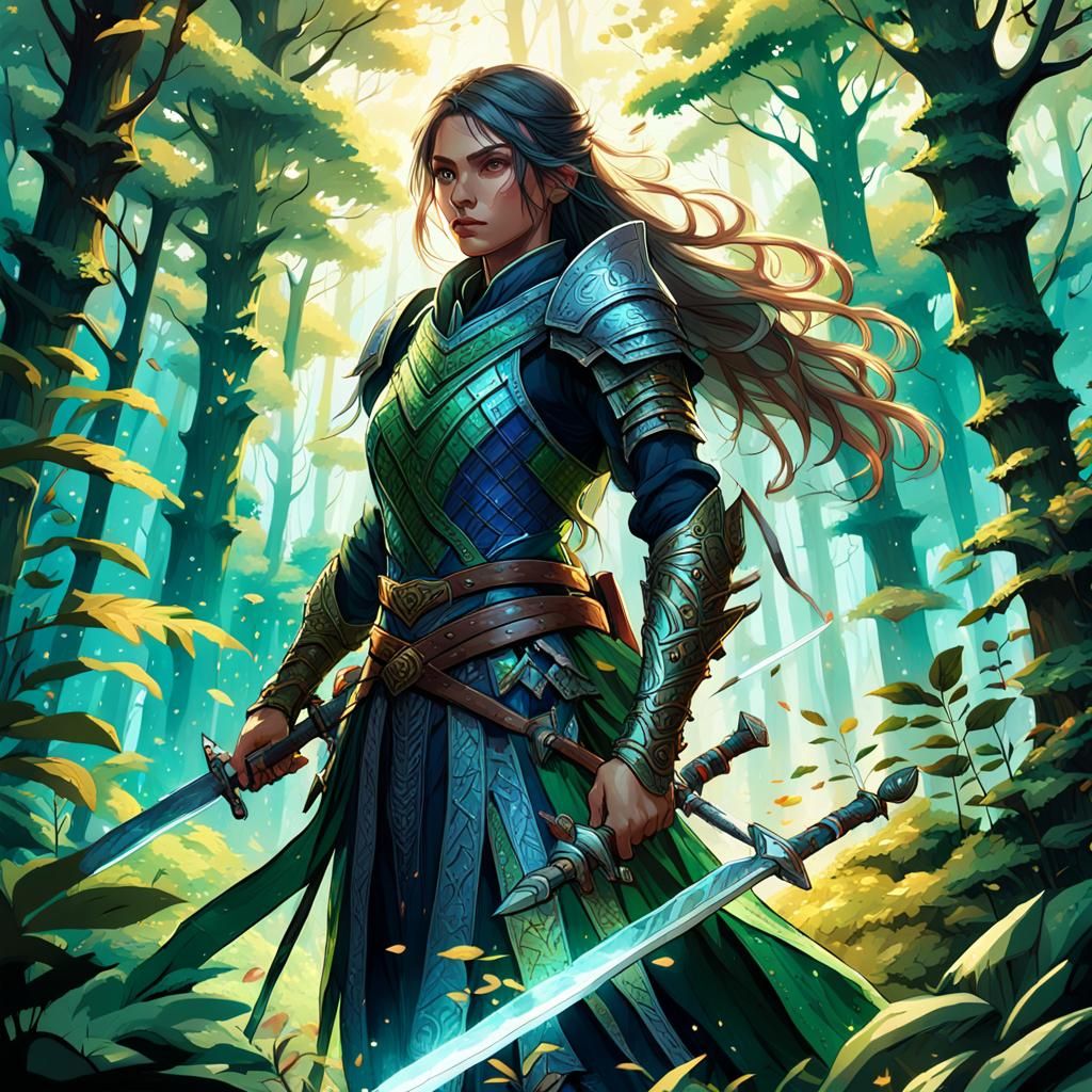 Nature Swordswoman in Lush Forest, Digital Matte Painting