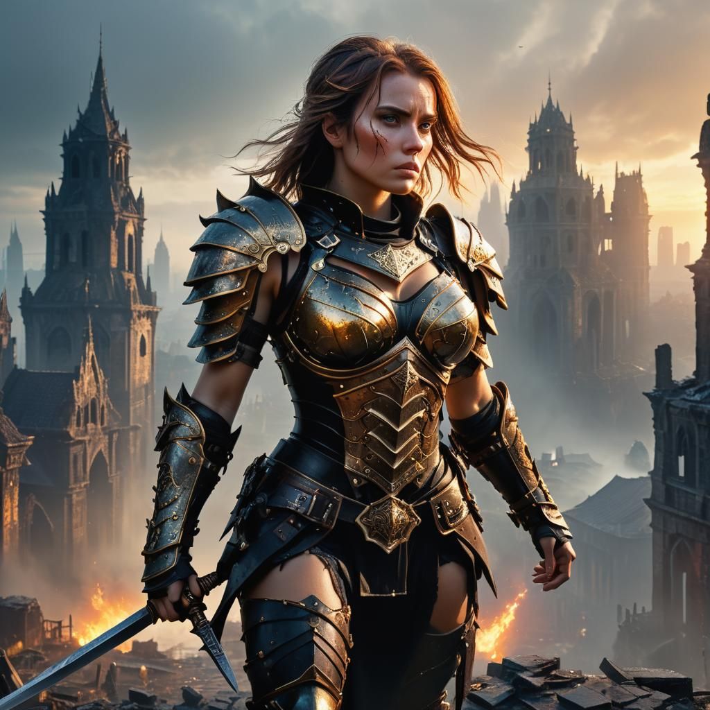 Woman Warrior in Ruined City, 3D Cinematic Art