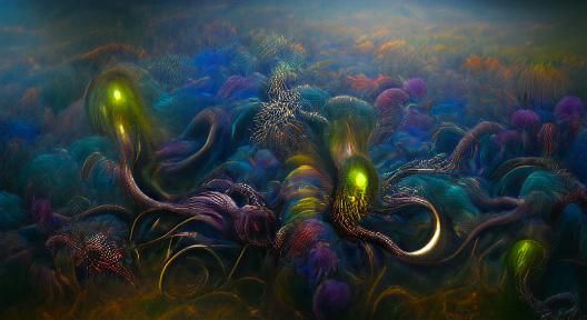 Ominous Bioluminescent Deep-Sea Creatures in Twilight