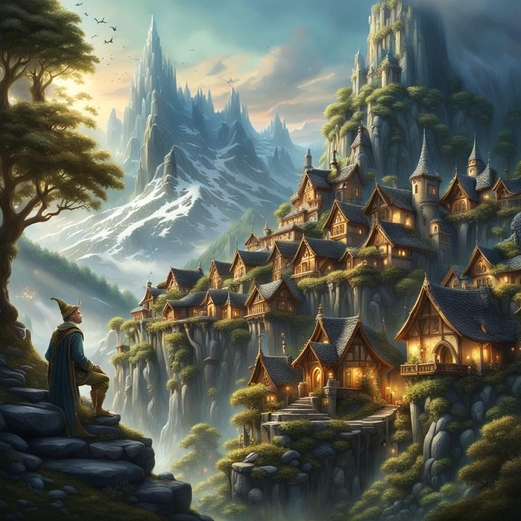 Elf Observes Mountain Village in Matte Painting