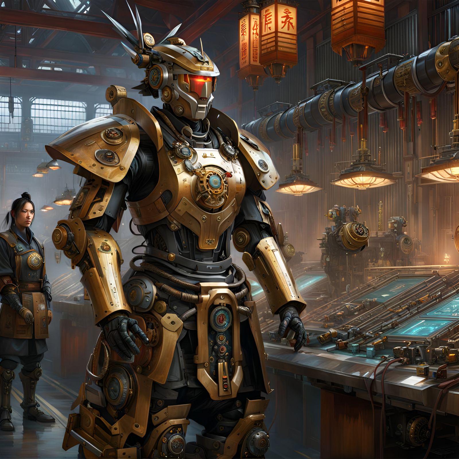 Cyberpunk Samurai Warrior in Steampunk Factory