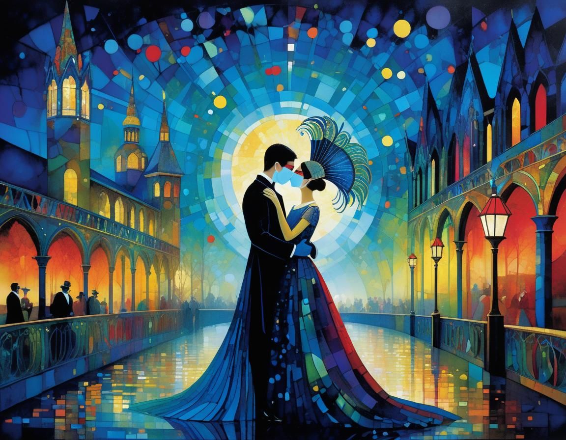 Lovers at Masquerade Ball: Whimsical Digital Illustration