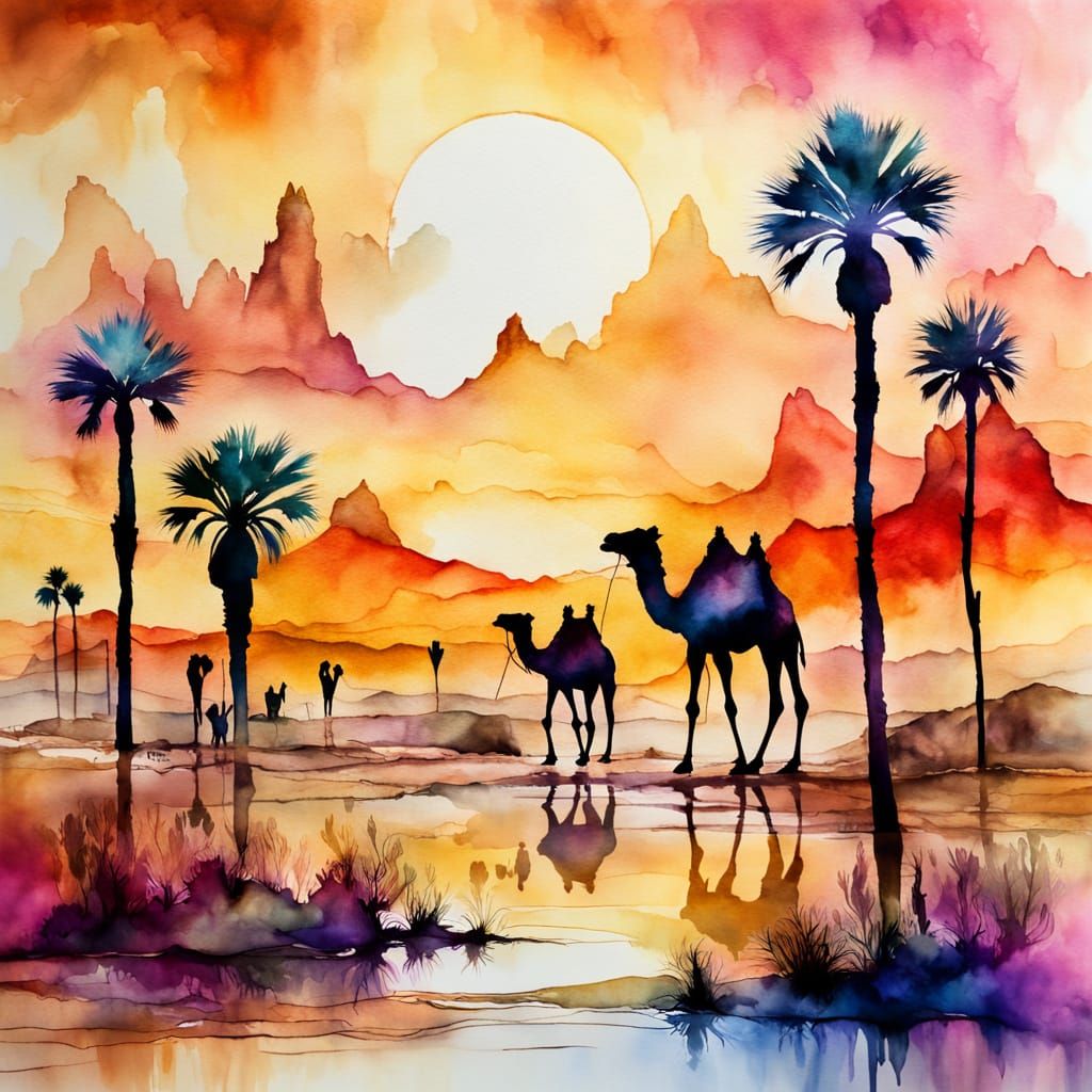 Desert Mirage with Camels in Watercolor Style