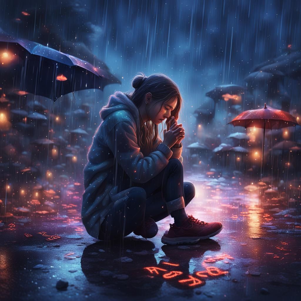 Sad Girl in Rain with Ethereal Script