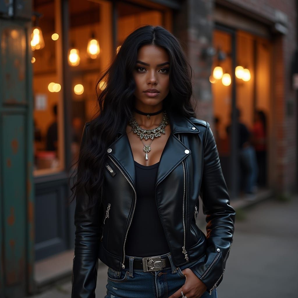 Woman in Motorcycle Jacket at Rustic Bar at Golden Hour