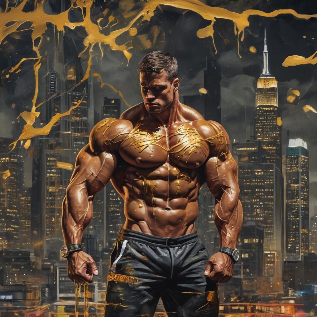 Bodybuilder in Surreal Graffiti Art with Gold