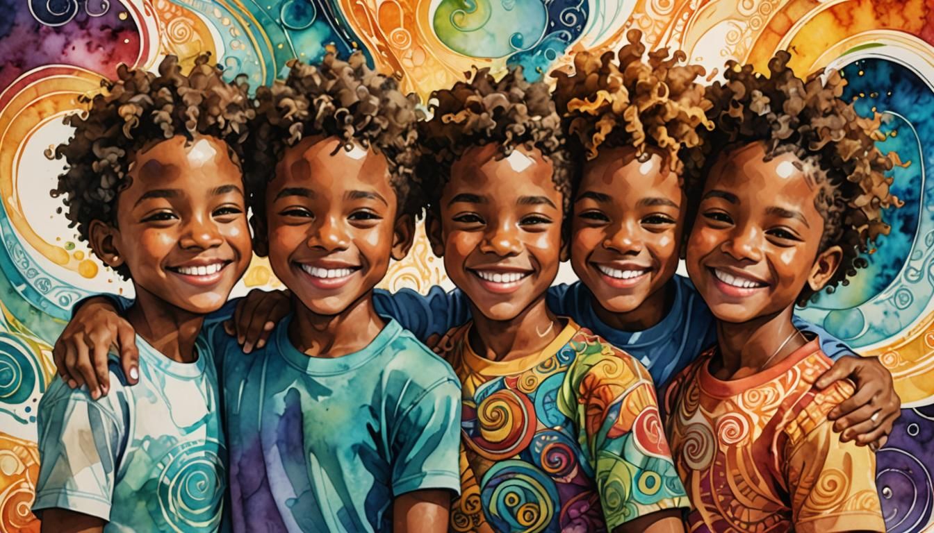 Joyful African American Brothers in Watercolor