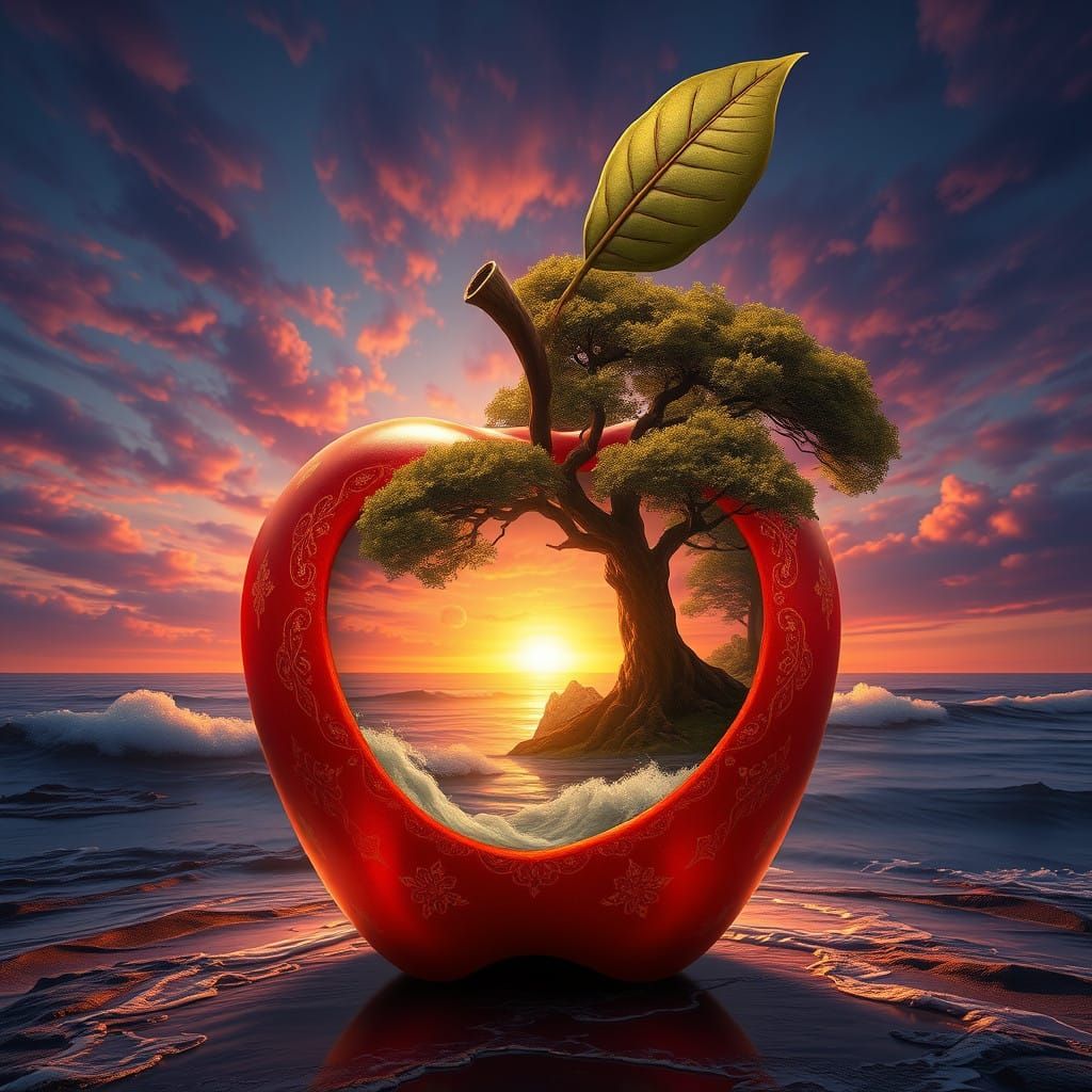 Dreamlike Seascape Unfolds Within an Enchanted Golden Apple...