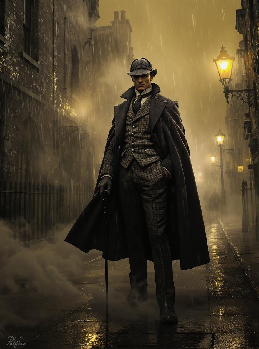 Sherlock Holmes in Fog-Drenched London Street