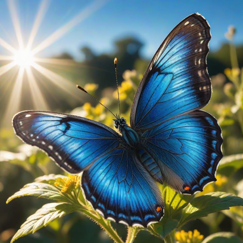 Deep Blue Butterfly in Sunlight, Hyper Realistic Close-Up