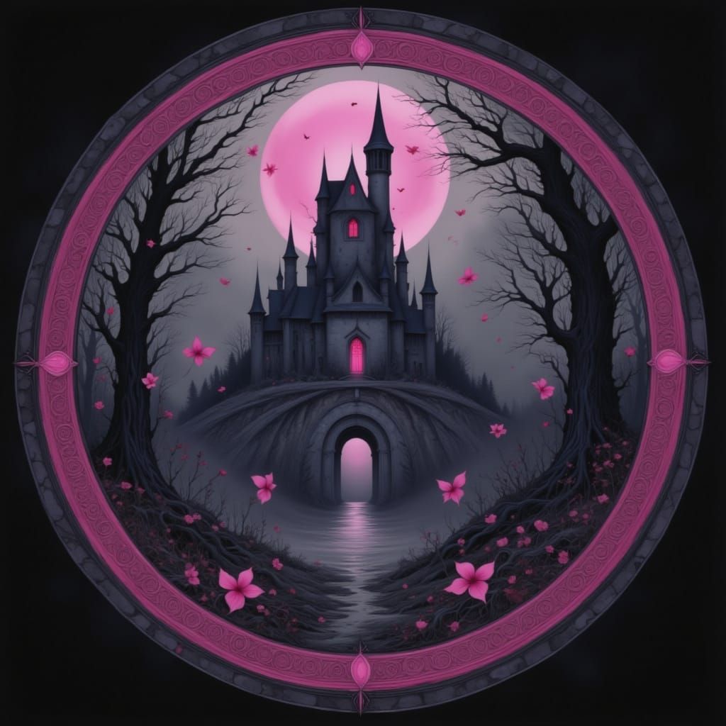 Medieval Castle Scene in Eerie Moonlit Darkness