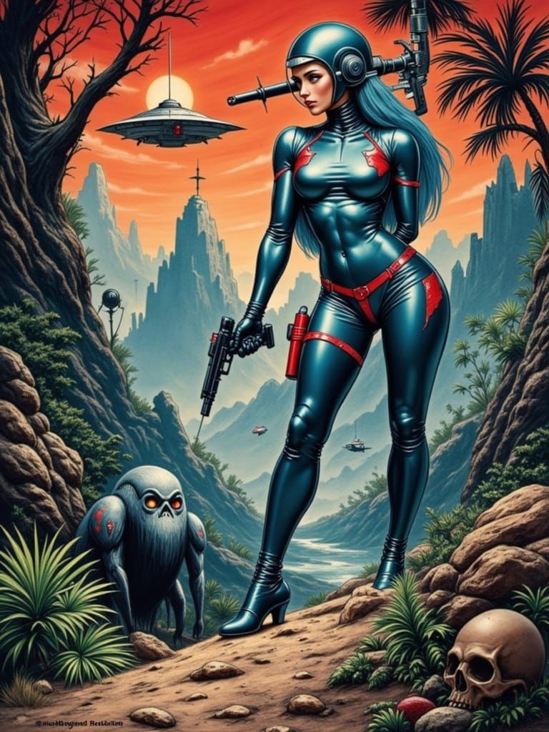 Retro Space Woman on Lush Jungle Planet Comic Cover
