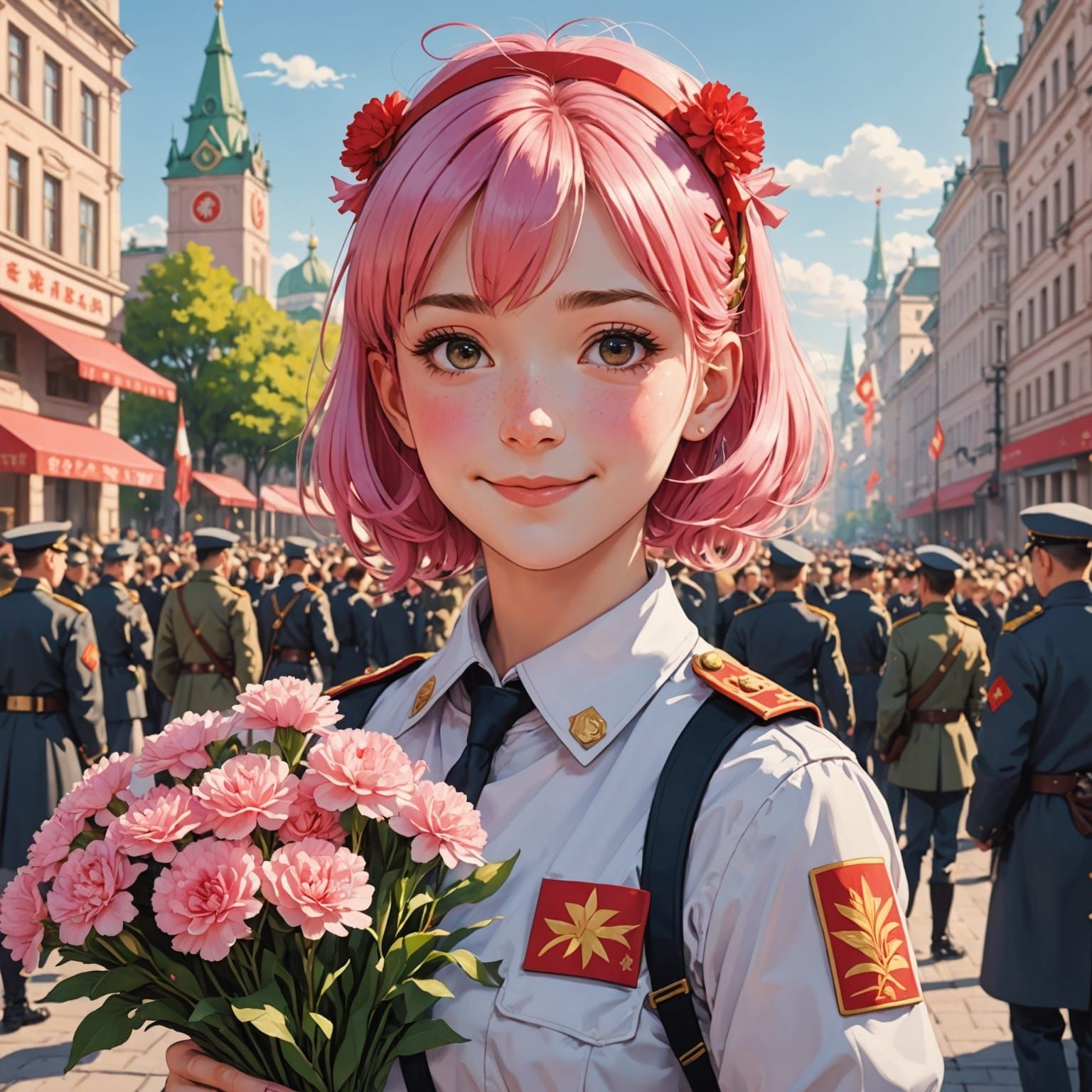 Soviet Chic Anime Girl Radiates Joy with Bouquet and Sunlit ...