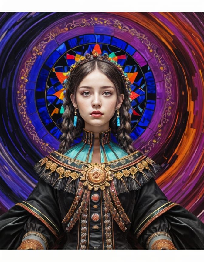 Goddess with Ribboned Braids in Psychedelic Landscape