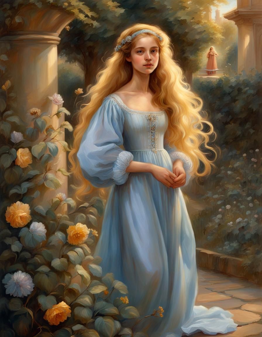 Renaissance Girl with Golden Hair in Garden Painting