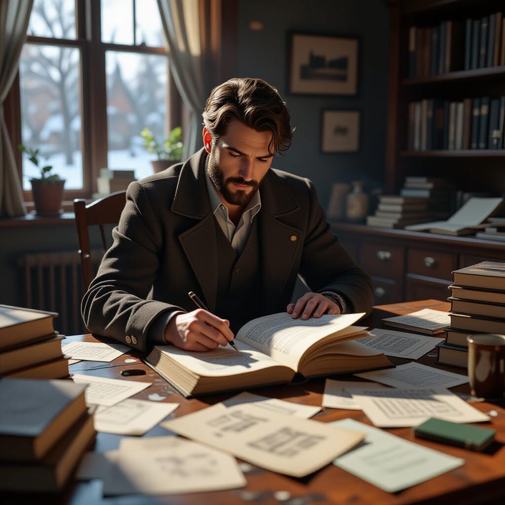 Poet's Creative Chaos in 3D Game Cinematic Style