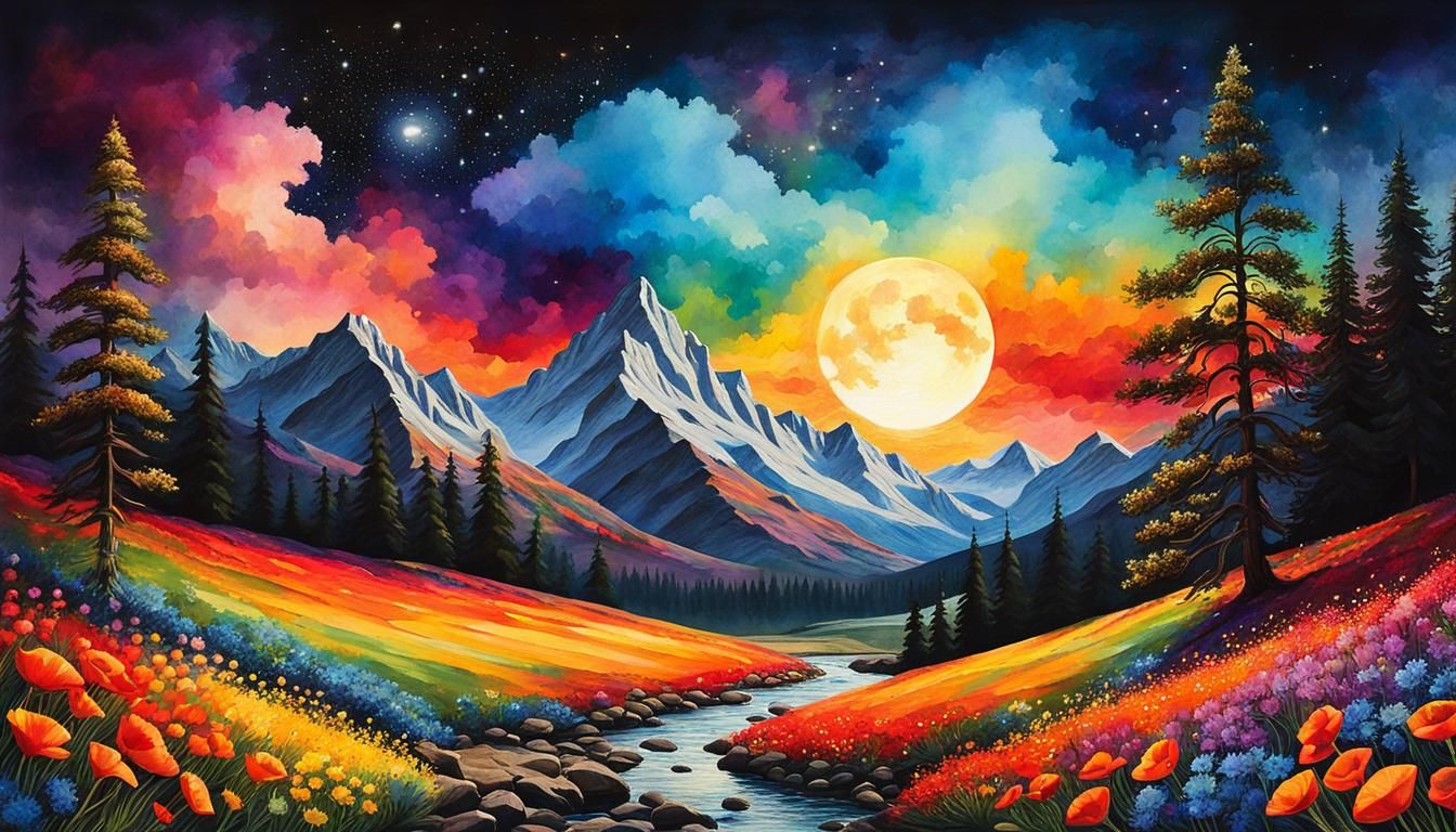 Rainbow Landscape with Colorful Trees and Mountains